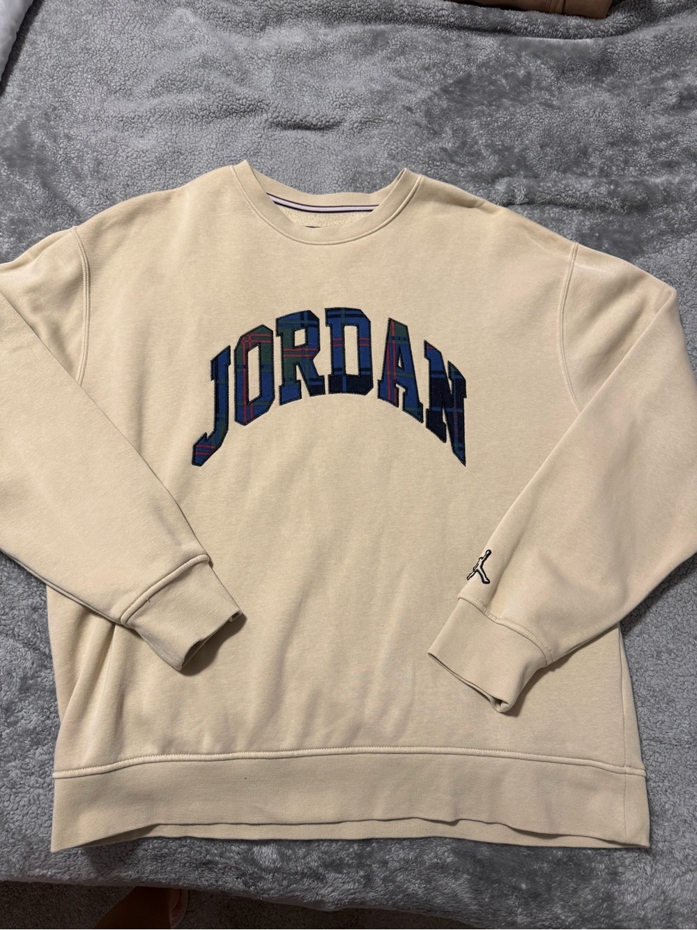 Jordan Crewneck Sweatshirt in Cream with Navy Plaid Logo